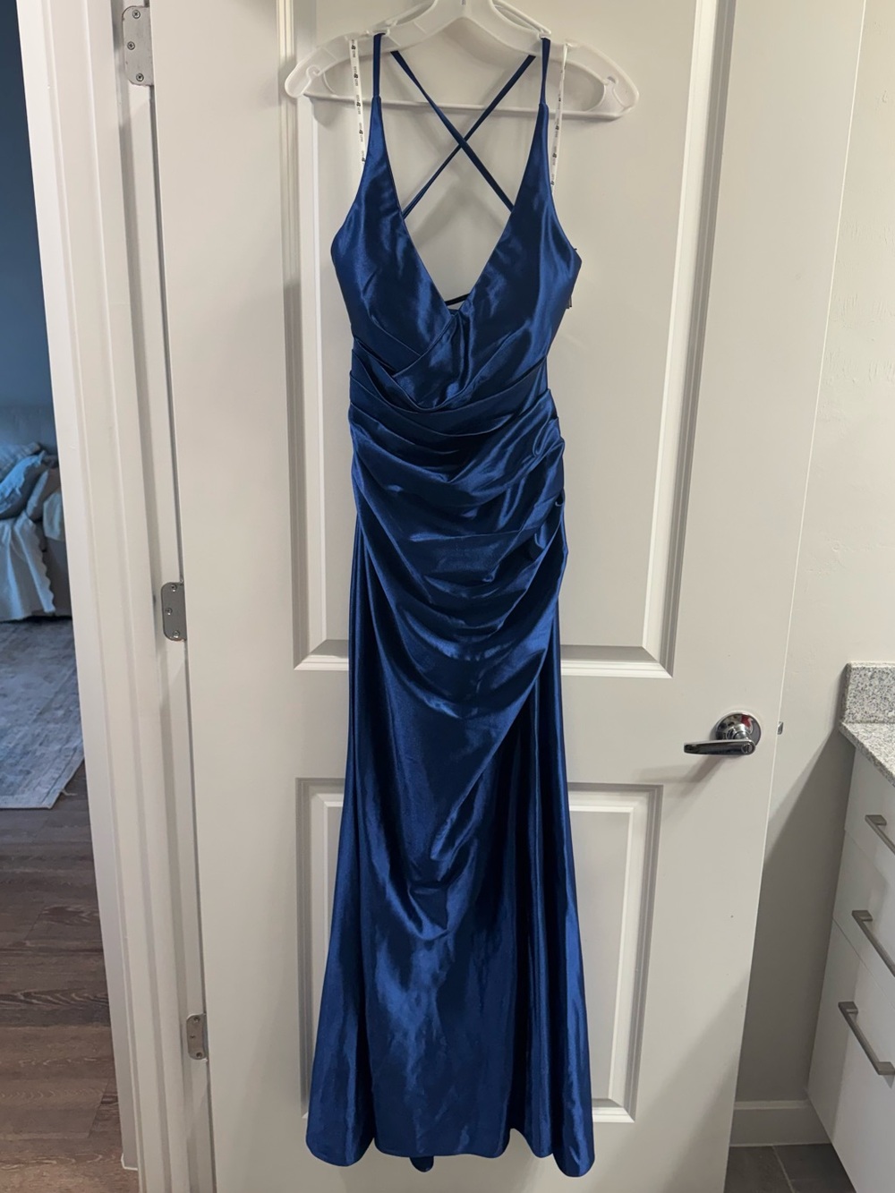 Satin Royal Blue Prom Gown with Cross-Back Straps